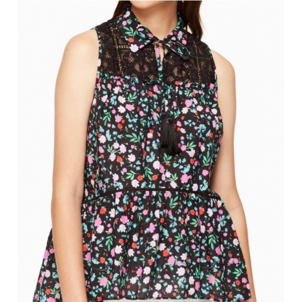 Kate Spade Floral Cotton Silk Sleeveless Lace Yoke Peplum Blouse Black XS EUC
